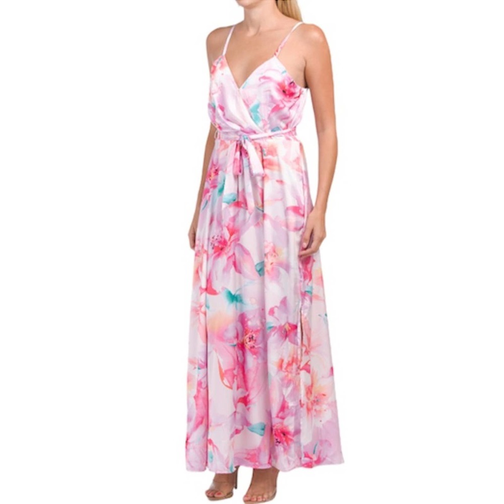 Nicole Miller Floral V-Neck Satin Maxi Dress NWT